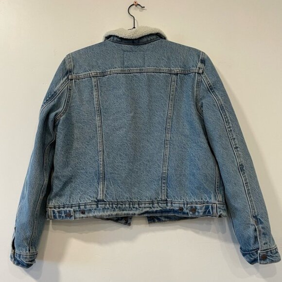 LEVI'S Women's Original Denim Jean Jacket Snap Sherpa Lined Trucker Size Large - Picture 3 of 5